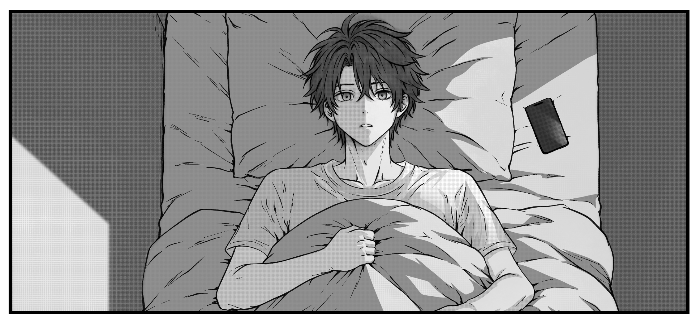 Hiro wakes in bed beside his phone.
